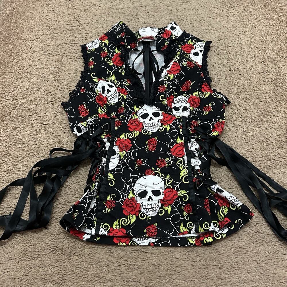 Jawbreaker Pin Up Top Roses Skulls Side Laces Ribbons Webs Goth Punk Size XL